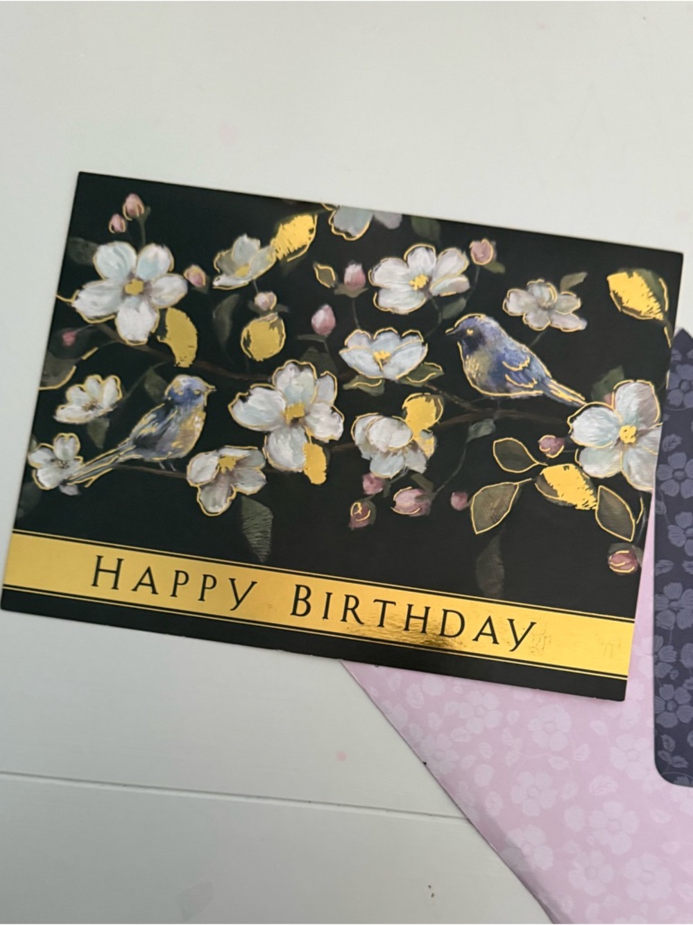 Elegant Black & Gold Happy Birthday Card with Floral Birds